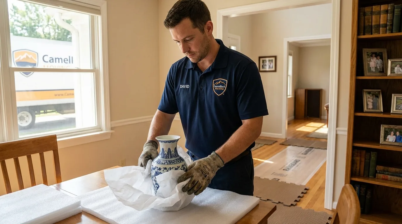 Professional crew carefully wrapping antique vase for senior downsizing move in Tatum, TX